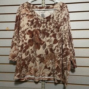 ST JOHNS BAY Womens 3X Brown Abstract Print V Neck 3/4 Sleeve Plus Top Shirt
